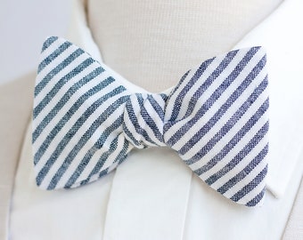 Bow Ties, Bow Tie, Bowties, Mens Bow Ties, Freestyle Bow Ties, Self-Tie Bow Ties, Wedding Ties, Navy, Linen Bow Ties - Navy Linen Stripe