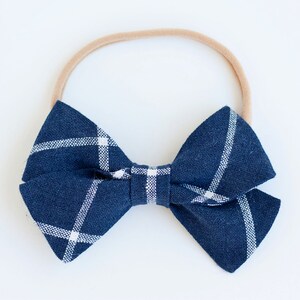 Hair Bow, Bow Headband, Headband, Headbands, Fabric Hair Bow, Hair Clip, Baby Bow, Stripe Bow, Alligator Clip - Navy Linen Windowpane
