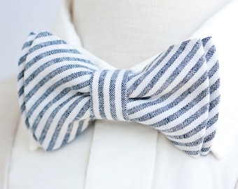 Bow Tie, Mens Bow Tie, Bowtie, Bowties, Bow Ties, Groomsmen Bow Ties, Wedding Bowties, Navy Stripe, Linen Bow Tie - Navy Linen Stripe