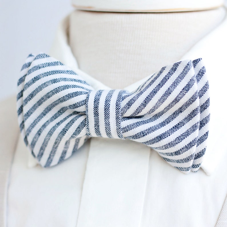 Bow Tie, Mens Bow Tie, Bowtie, Bowties, Bow Ties, Groomsmen Bow Ties, Wedding Bowties, Navy Stripe, Linen Bow Tie Navy Linen Stripe image 1