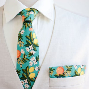 Necktie, Neckties, Mens Necktie, Neck Tie, Floral Neckties, Groomsmen Necktie, Groomsmen Gift, Rifle Paper Co - Citrus Floral In Teal