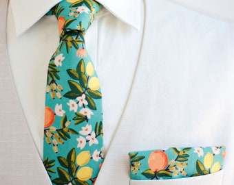 Necktie, Neckties, Mens Necktie, Neck Tie, Floral Neckties, Groomsmen Necktie, Groomsmen Gift, Rifle Paper Co - Citrus Floral In Teal