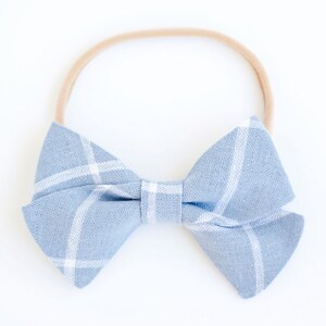 Hair Bow, Bow Headband, Headband, Headbands, Fabric Hair Bow, Hair Clip, Baby Bow, Stripe Bow, Alligator Clip - Chambray Linen Windowpane
