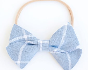 Hair Bow, Bow Headband, Headband, Headbands, Fabric Hair Bow, Hair Clip, Baby Bow, Stripe Bow, Alligator Clip - Chambray Linen Windowpane