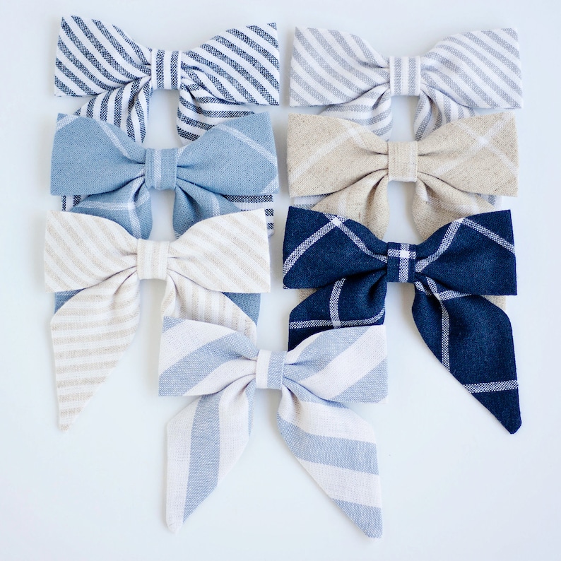 Hair Bow, Sailor Bow, Bow Headband, Headband, Fabric Hair Bow, Hair Clip, Baby Bow, Nylon Headband, Linen Bow Chambray Linen Wide Stripe zdjęcie 3