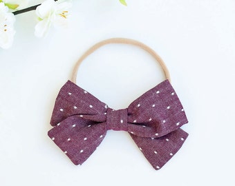 Hair Bow, Bow Headband, Headband, Headbands, Fabric Hair Bow, Hair Clip, Baby Bow, Plaid Bow, Alligator Clip, Bow - Cranberry Chambray Dot