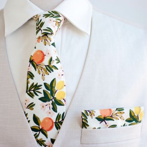 Necktie, Neckties, Mens Necktie, Neck Tie, Floral Neckties, Groomsmen Necktie, Groomsmen Gift, Rifle Paper Co - Citrus Floral In Cream