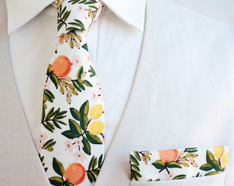 Necktie, Neckties, Mens Necktie, Neck Tie, Floral Neckties, Groomsmen Necktie, Groomsmen Gift, Rifle Paper Co - Citrus Floral In Cream