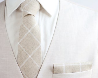 Necktie, Neckties, Mens Necktie, Neck Tie, Floral Neckties, Groomsmen Necktie, Groomsmen Gift, Linen Neckties - Natural Linen Windowpane