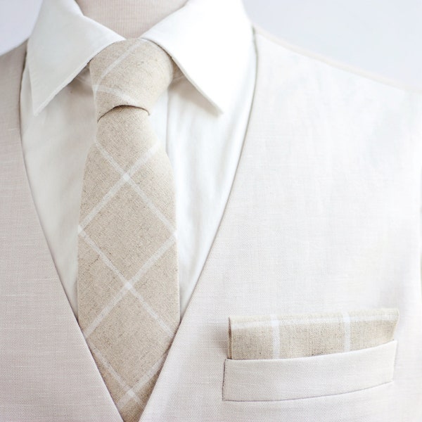 Necktie, Neckties, Mens Necktie, Neck Tie, Floral Neckties, Groomsmen Necktie, Groomsmen Gift, Linen Neckties - Natural Linen Windowpane