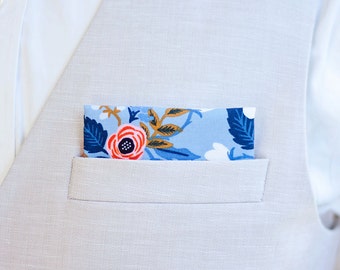 Pocket Square, Pocket Squares, Handkerchief, Mens Pocket Square, Boys Pocket Square, Rifle Paper Co - Birch Floral In Periwinkle