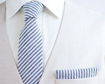 Necktie, Neckties, Mens Necktie, Neck Tie, Floral Neckties, Groomsmen Necktie, Groomsmen Gift, Navy, Linen Neckties - Navy Linen Stripe