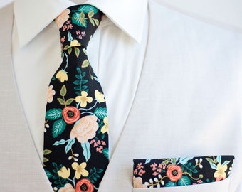 Necktie, Neckties, Mens Necktie, Neck Tie, Floral Neckties, Groomsmen Necktie, Groomsmen Gift, Rifle Paper Co - Birch Floral In Black