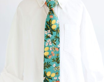 Necktie, Neckties, Boys Tie, Baby Tie, Baby Necktie, Wedding Ties, Ring Bearer, Floral Tie, Rifle Paper Co - Citrus Floral In Teal