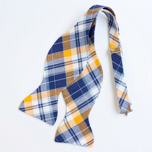 Bow Ties, Bow Tie, Bowties, Mens Bow Ties, Freestyle Bow Ties, Self-Tie Bow Ties, Groomsmen Bow Ties - Navy And Yellow Organic Madras Plaid