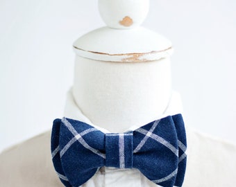 Bow Tie, Bow Ties, Boys Bow Ties, Baby Bow Ties, Bowties, Ring Bearer, Wedding Bow Ties, Linen Bow Tie, Ties - Navy Linen Windowpane