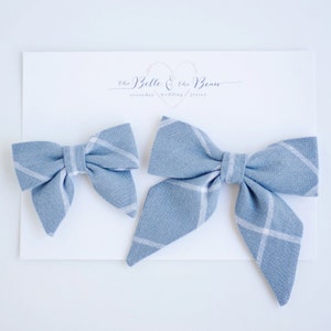 Hair Bow, Sailor Bow, Bow Headband, Headband, Fabric Hair Bow, Hair Clip, Baby Bow, Nylon Headband, Linen Bow - Chambray Linen Windowpane