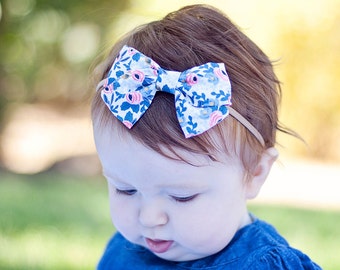 Hair Bow, Bow Headband, Headband, Headbands, Fabric Hair Bow, Hair Clip, Baby Bow, Bow, Alligator Clip, Rifle Paper Co - Rosa In Periwinkle