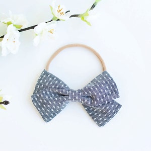 Hair Bow, Bow Headband, Headband, Headbands, Fabric Hair Bow, Hair Clip, Baby Bow, Plaid Bow, Alligator Clip, Bow - Indigo Chambray Dot