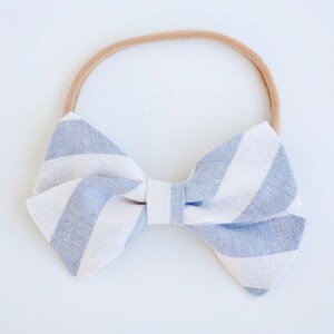 Hair Bow, Bow Headband, Headband, Headbands, Fabric Hair Bow, Hair Clip, Baby Bow, Stripe Bow, Alligator Clip - Chambray Linen Wide Stripe