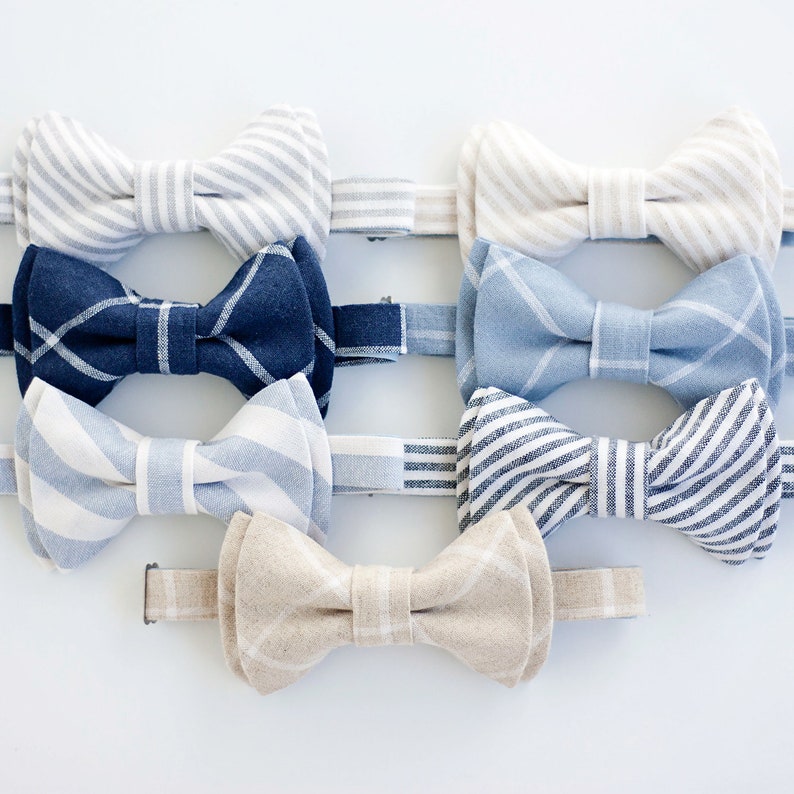 Bow Tie, Mens Bow Tie, Bowtie, Bowties, Bow Ties, Groomsmen Bow Ties, Wedding Bowties, Navy Stripe, Linen Bow Tie Navy Linen Stripe image 3