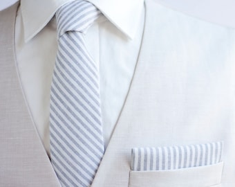Necktie, Neckties, Mens Necktie, Neck Tie, Floral Neckties, Groomsmen Necktie, Groomsmen Gift, Gray, Linen Neckties - Gray Linen Stripe