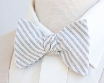 Bow Ties, Bow Tie, Bowties, Mens Bow Ties, Freestyle Bow Ties, Self-Tie Bow Ties, Wedding Ties, Gray, Linen Bow Ties - Gray Linen Stripe