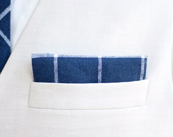 Pocket Square, Pocket Squares, Handkerchief, Mens Pocket Square, Boys Pocket Square, Weddings, Linen, Navy Linen - Navy Linen Windowpane