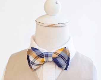 Bow Tie, Navy and Yellow Organic Madras Plaid , Bow Ties, Boys Bow Ties, Baby Bow Ties, Bowtie, Bowties, Ring Bearer, Bow ties For Boys