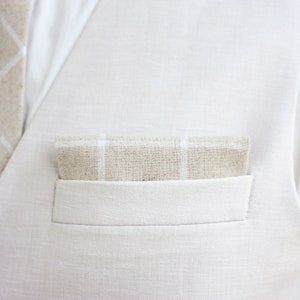 Pocket Square, Pocket Squares, Handkerchief, Mens Pocket Square, Boys Pocket Square, Weddings, Linen Stripe - Natural Linen Windowpane