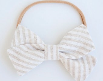 Hair Bow, Bow Headband, Headband, Headbands, Fabric Hair Bow, Hair Clip, Baby Bow, Stripe Bow, Alligator Clip - Natural Linen Stripe