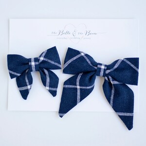 Hair Bow, Sailor Bow, Bow Headband, Headband, Fabric Hair Bow, Hair Clip, Baby Bow, Nylon Headband, Linen Bow - Navy Linen Windowpane