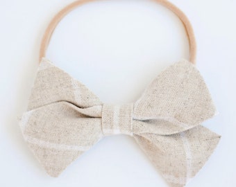 Hair Bow, Bow Headband, Headband, Headbands, Fabric Hair Bow, Hair Clip, Baby Bow, Stripe Bow, Alligator Clip - Natural Linen Windowpane