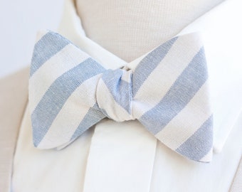 Bow Ties, Bow Tie, Bowties, Mens Bow Ties, Freestyle Bow Ties, Self-Tie Bow Ties, Wedding Ties, Linen Bow Ties - Chambray Linen Wide Stripe