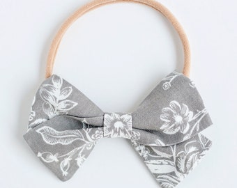 Hair Bow, Bow Headband, Headband, Headbands, Fabric Hair Bow, Hair Clip, Baby Bow, Plaid Bow, Floral Hair Bow, Alligator Clip - Gray Toile