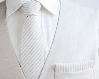 Necktie, Neckties, Mens Necktie, Neck Tie, Floral Neckties, Groomsmen Necktie, Groomsmen Gift, Tan, Linen Neckties - Natural Linen Stripe