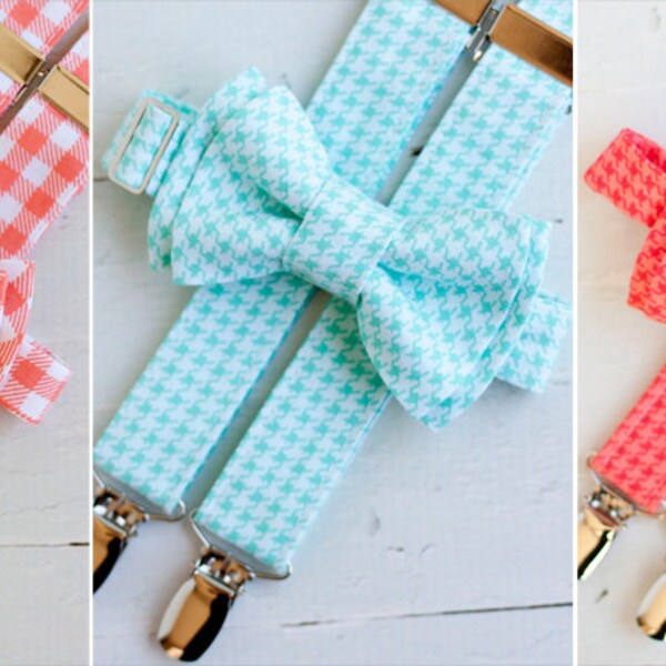 The Beau- mint/coral collection bow tie/suspender sets for boys of all ages- nickel hardware (10 colors to choose from)