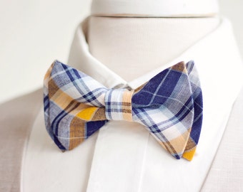 Bow Tie, Mens Bow Tie, Bowtie, Bowties, Bow Ties, Groomsmen Bow Ties, Wedding Bowties, Plaid Bow Tie, Ties - Navy And Yellow Plaid