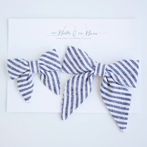 Hair Bow, Sailor Bow, Bow Headband, Headband, Fabric Hair Bow, Hair Clip, Baby Bow, Nylon Headband, Linen Bow, Bow - Navy Linen Stripe