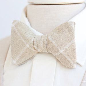 Bow Ties, Bow Tie, Bowties, Mens Bow Ties, Freestyle Bow Ties, Self-Tie Bow Ties, Wedding Ties, Linen Bow Ties - Natural Linen Windowpane