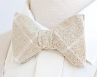 Bow Ties, Bow Tie, Bowties, Mens Bow Ties, Freestyle Bow Ties, Self-Tie Bow Ties, Wedding Ties, Linen Bow Ties - Natural Linen Windowpane