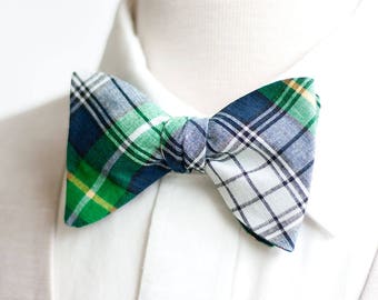 Bow Ties, Bow Tie, Bowties, Mens Bow Ties, Freestyle Bow Ties, Self-Tie Bow Ties, Groomsmen Bow Ties - Navy And Green Organic Madras Plaid