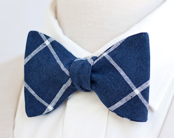 Bow Ties, Bow Tie, Bowties, Mens Bow Ties, Freestyle Bow Ties, Self-Tie Bow Ties, Wedding Ties, Linen Bow Ties - Navy Linen Windowpane