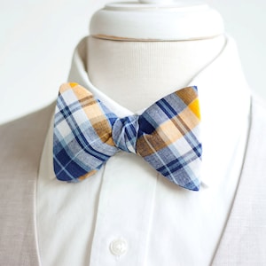 Bow Ties, Bow Tie, Bowties, Mens Bow Ties, Freestyle Bow Ties, Self-Tie Bow Ties, Groomsmen Bow Ties - Navy And Yellow Organic Madras Plaid