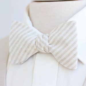 Bow Ties, Bow Tie, Bowties, Mens Bow Ties, Freestyle Bow Ties, Self-Tie Bow Ties, Wedding Ties, Tan, Linen Bow Ties - Natural Linen Stripe