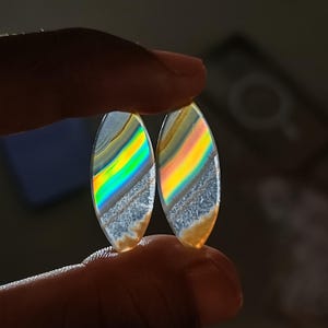 May include: Two oval gemstones displaying a vibrant rainbow effect. The stones are held up, revealing the light refraction across their surfaces. The gemstones feature a spectrum of colours, including yellow, green, blue, and orange.