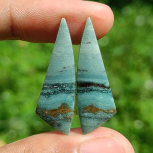 Può includere: Un paio di cabochon turchesi a forma di lacrima con bande marroni e nere. I cabochon misurano circa 5 cm di lunghezza e 2,5 cm di larghezza.