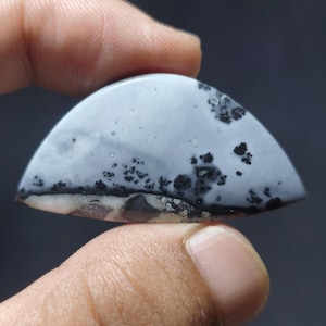 May include: A semi-circular gemstone, polished to a smooth finish, with a pale grey base and black dendritic patterns. The stone is held between fingers. The bottom edge displays a mix of brown and white tones. The stone's surface is reflective.
