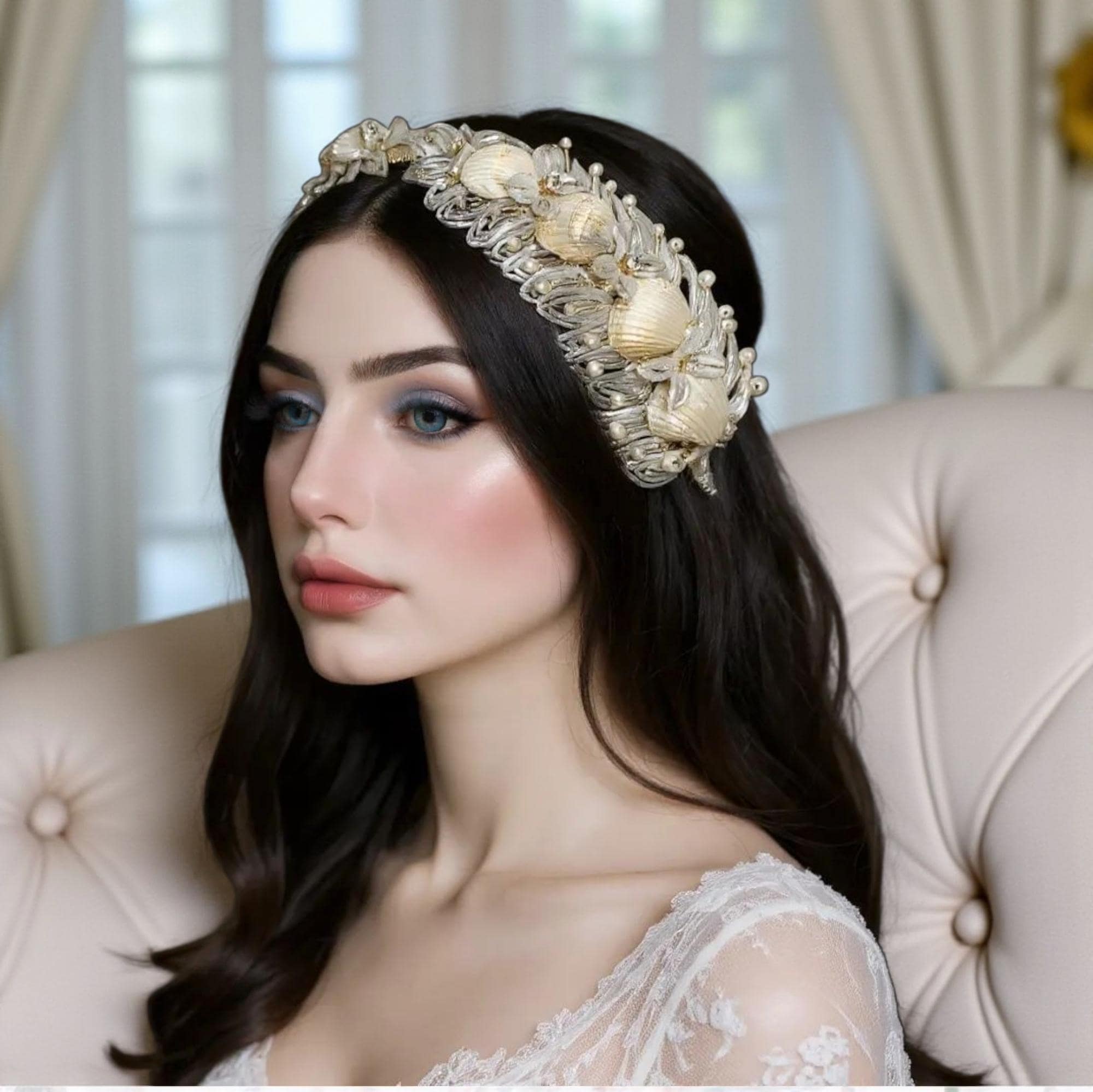 267. The Burlap Seashell Pearl Beaded Headband Natural Seashell and Pearl Tiara, Beach Wedding Bridal Boho  main image 3