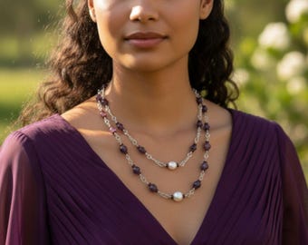 Set of Two Amethyst-Agate Necklaces and Earrings: Stainless Steel Beaded Necklaces